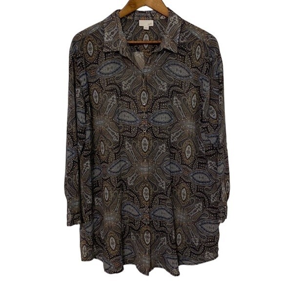 J. Jill Sheer Paisley Button Up Long Sleeve Tunic Blouse Women Size L Petite - Picture 1 of 11